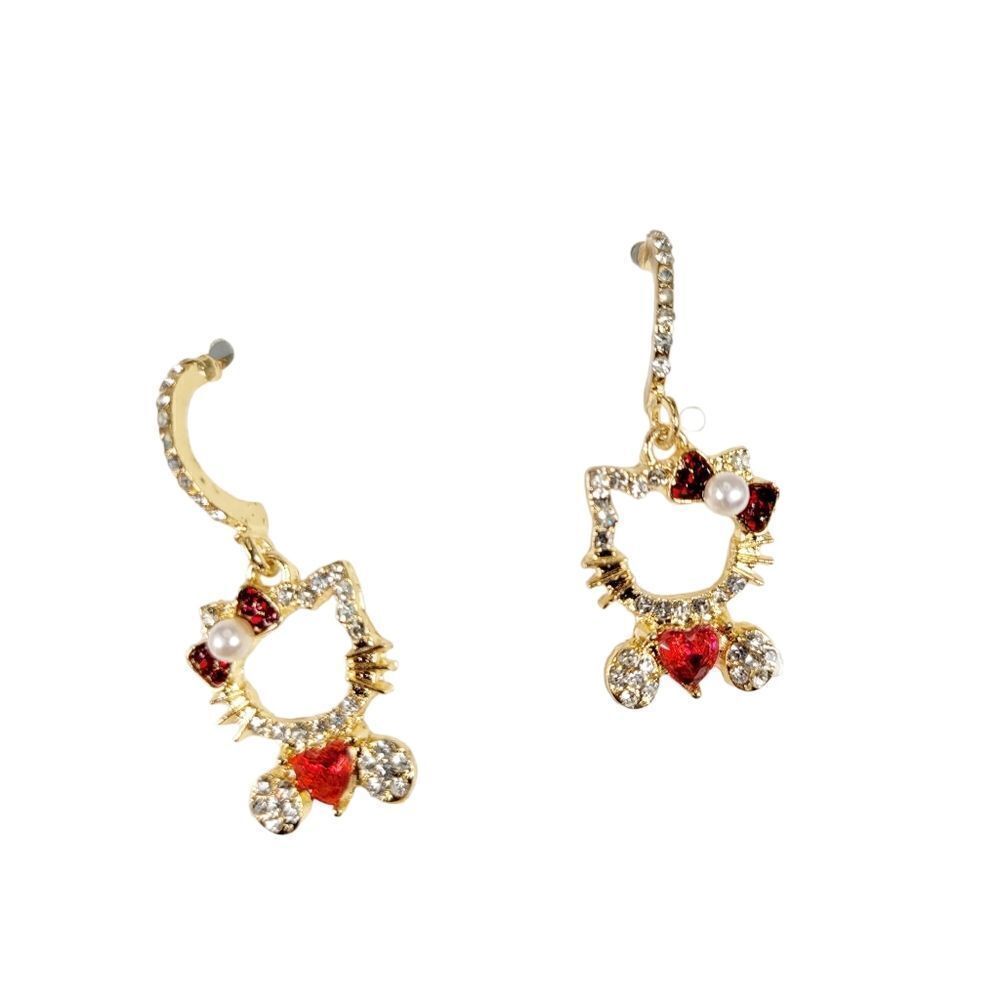 Brand New S925 Silver Rhinestone Hello Kitty Red Heart Earrings